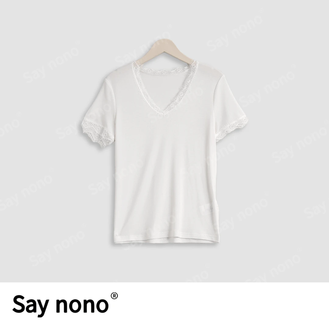 懒猫nono│Saynono 天丝羊毛蕾丝边V领T/XXYY8208