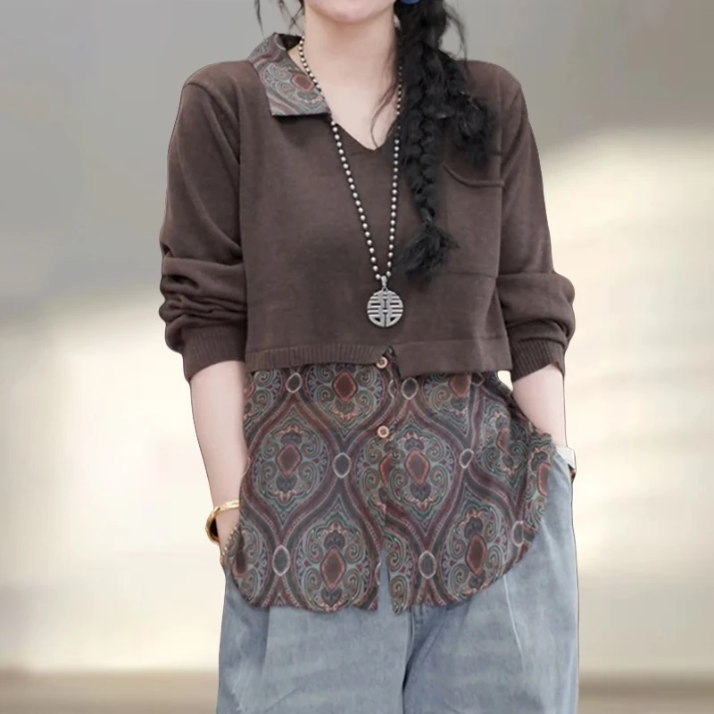 气质复古圆领印花长袖小衫女早秋新款设计感翻领拼接减龄大码上衣