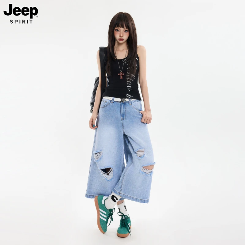 Jeep吉普美式复古破洞牛仔裤女夏季新款宽松休闲阔腿短裤七分裤子
