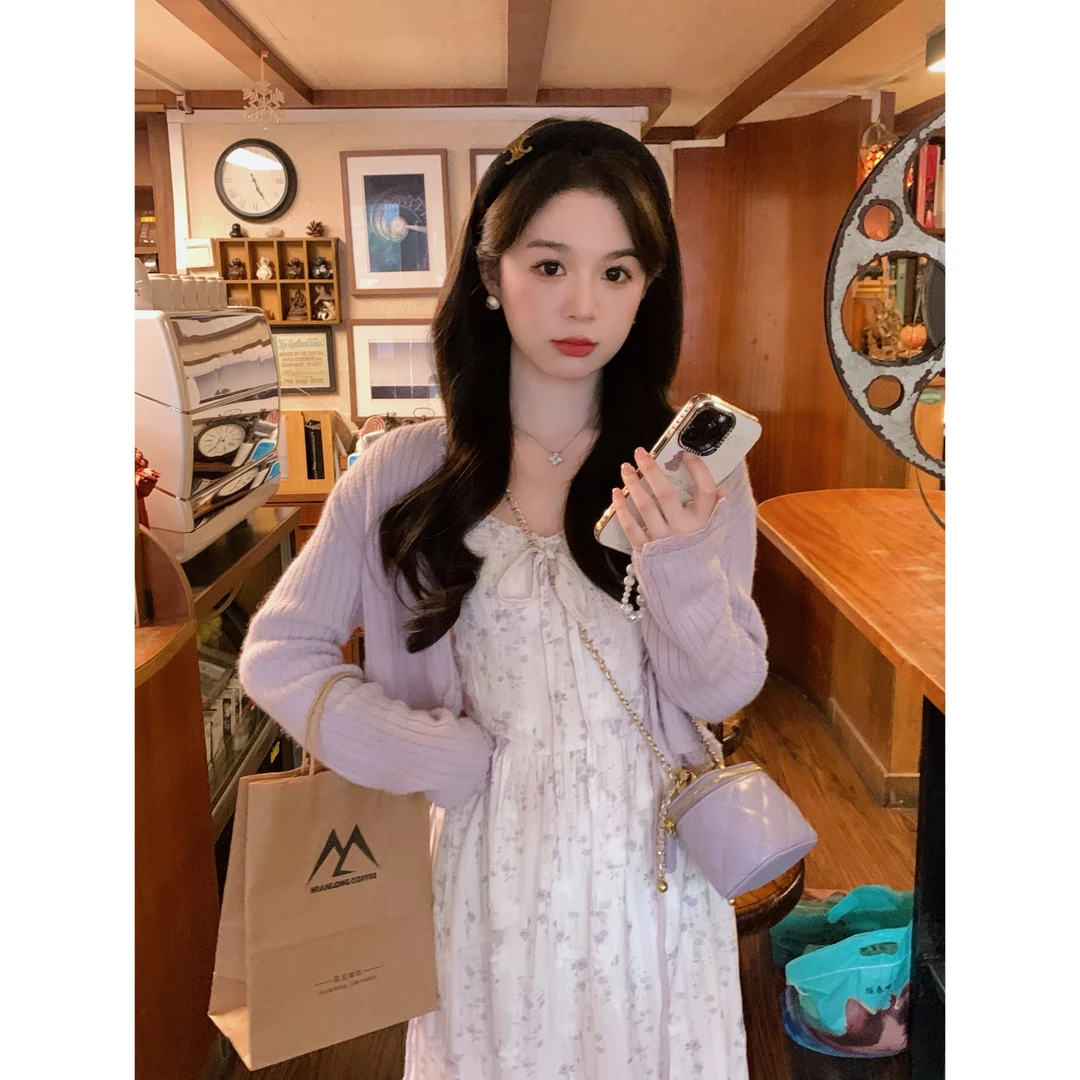 小奶盖 法式温柔甜美晕染碎花花边领打揽吊带裙开衫套装 分开拍