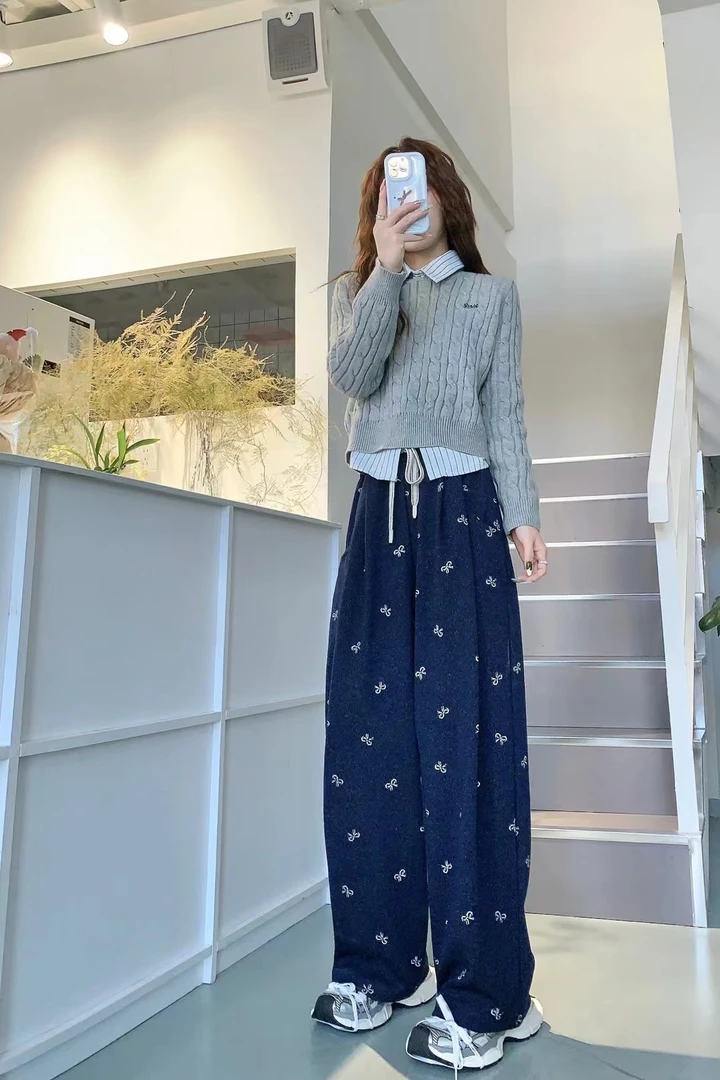 【589-13】春季新款蝴蝶结满印仿牛仔直筒裤