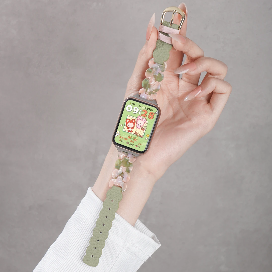 适用小米手环9pro树脂拼皮表带8pro运动智能手表红米watch5腕带女