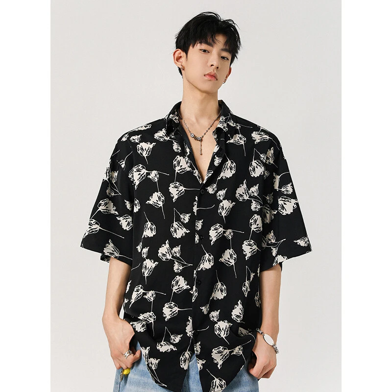 OxpVp夏季薄款冰丝宽松休闲短袖衬衣潮牌美式痞帅开衫外套衬衫男