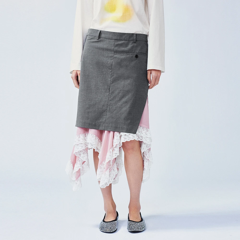 UOOYAA2025春季新款蕾丝拼接西装假两件半裙 6143