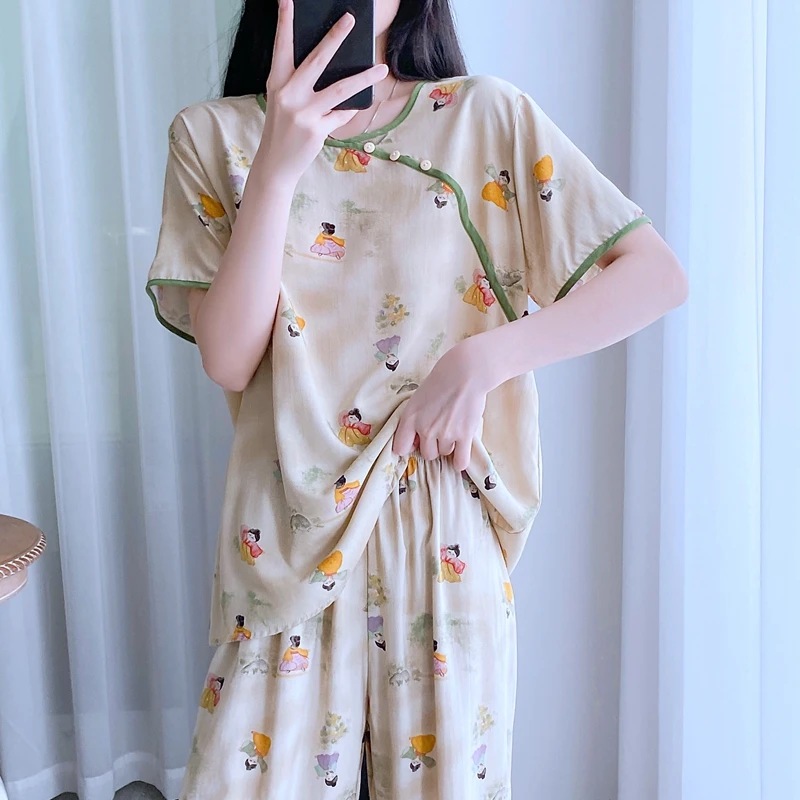 棉绸睡衣女时尚夏季短袖长裤人造棉绵绸中式薄款宽松家居服套装