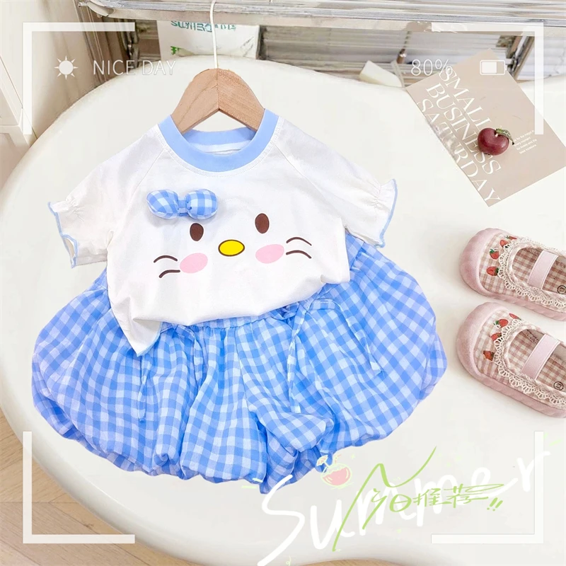 彩虹 夏季新款女童时尚洋气卡通猫花苞裤套装韩版卡通套装X152