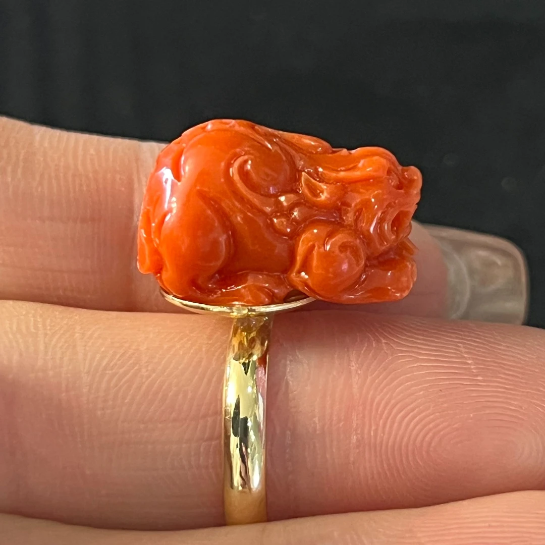 非金属珐琅戒指 橙红色  貔貅 式  戒指