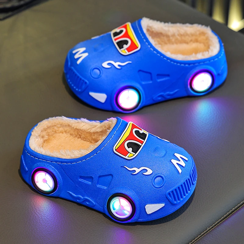 儿童棉鞋新款秋冬季男女童汽车发光加绒保暖防滑软底室内外棉拖鞋