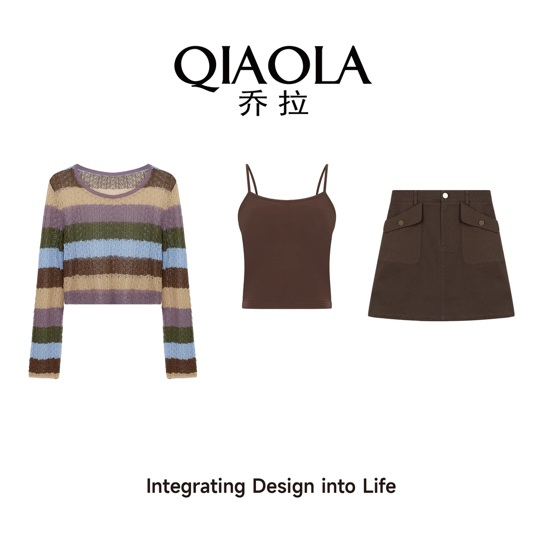 QIAOLA/乔拉【茶胭紫雾】秋夏季镂空条纹毛织长袖慵懒休闲套装预售