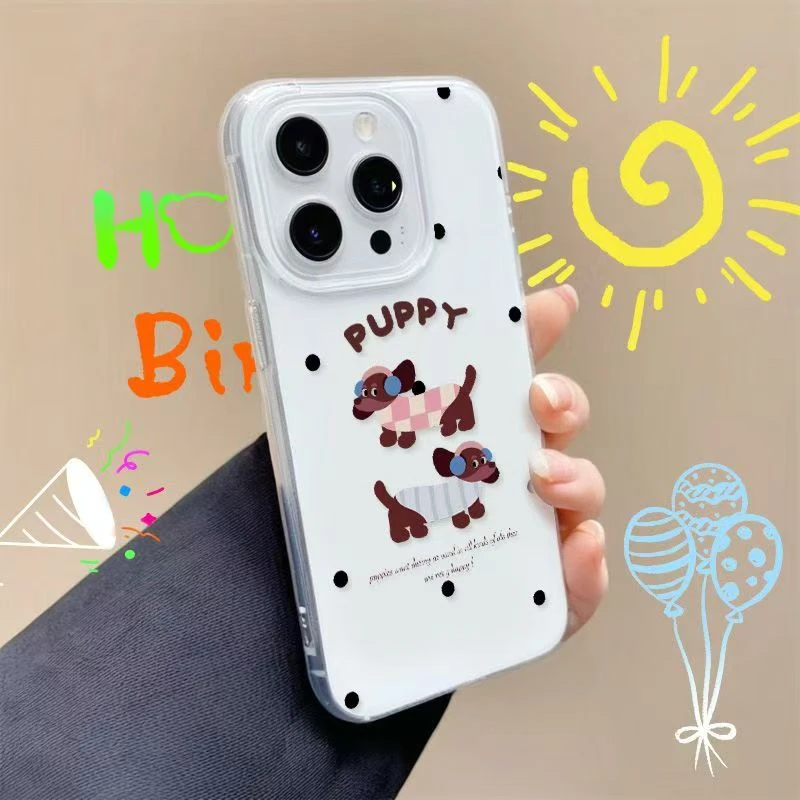 白色大孔黑波点粉蓝腊肠狗手机壳适用于苹果/华为/vivo/小米/oppo