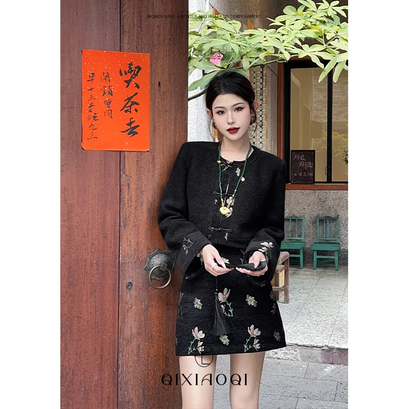 七小七Sicily【东方名伶】新中式黑色提花设计感套装冬季夹棉两件套