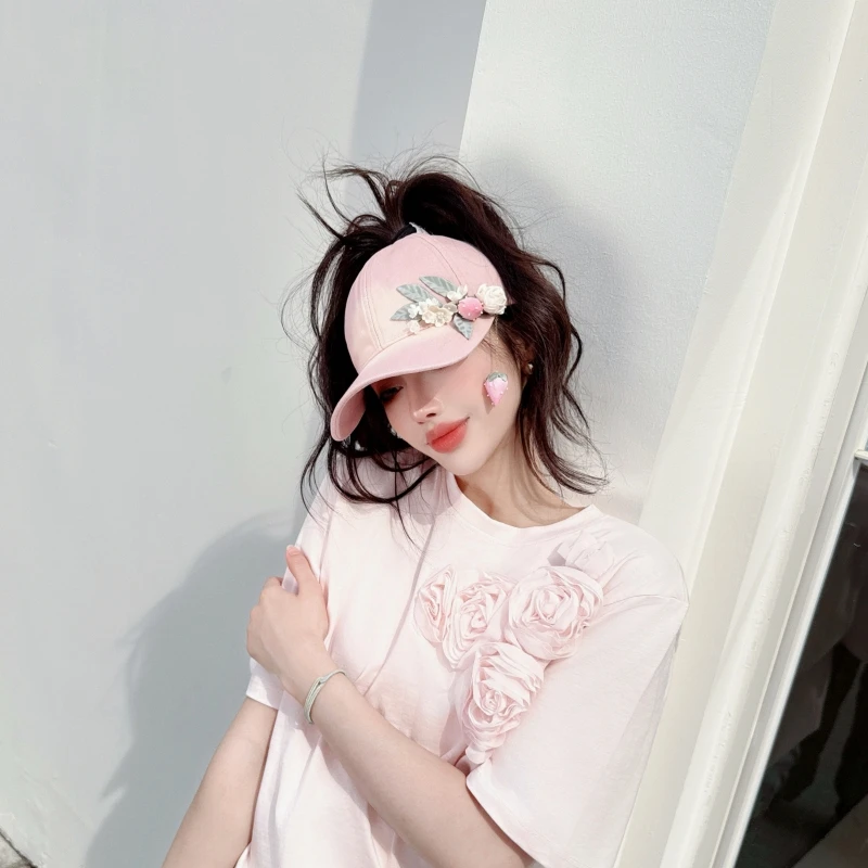 CREAMPP 原创手工花卉立体吊坠钉珠草莓渐变色甜美马尾空顶鸭舌帽