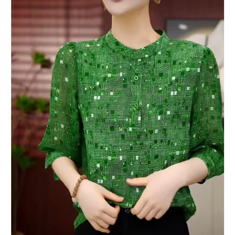 妈妈装外穿宽松大码春夏款轻薄衬衫中老年微胖冰爽透气七分袖上衣