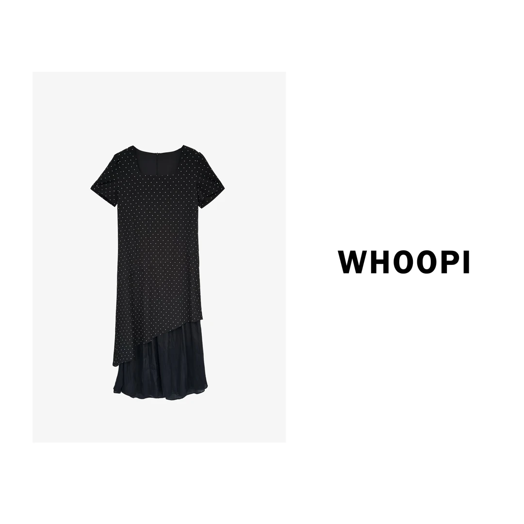 【Whoopi】【波恩画报】复古洋气不规则波点连衣裙撞色假两件长裙