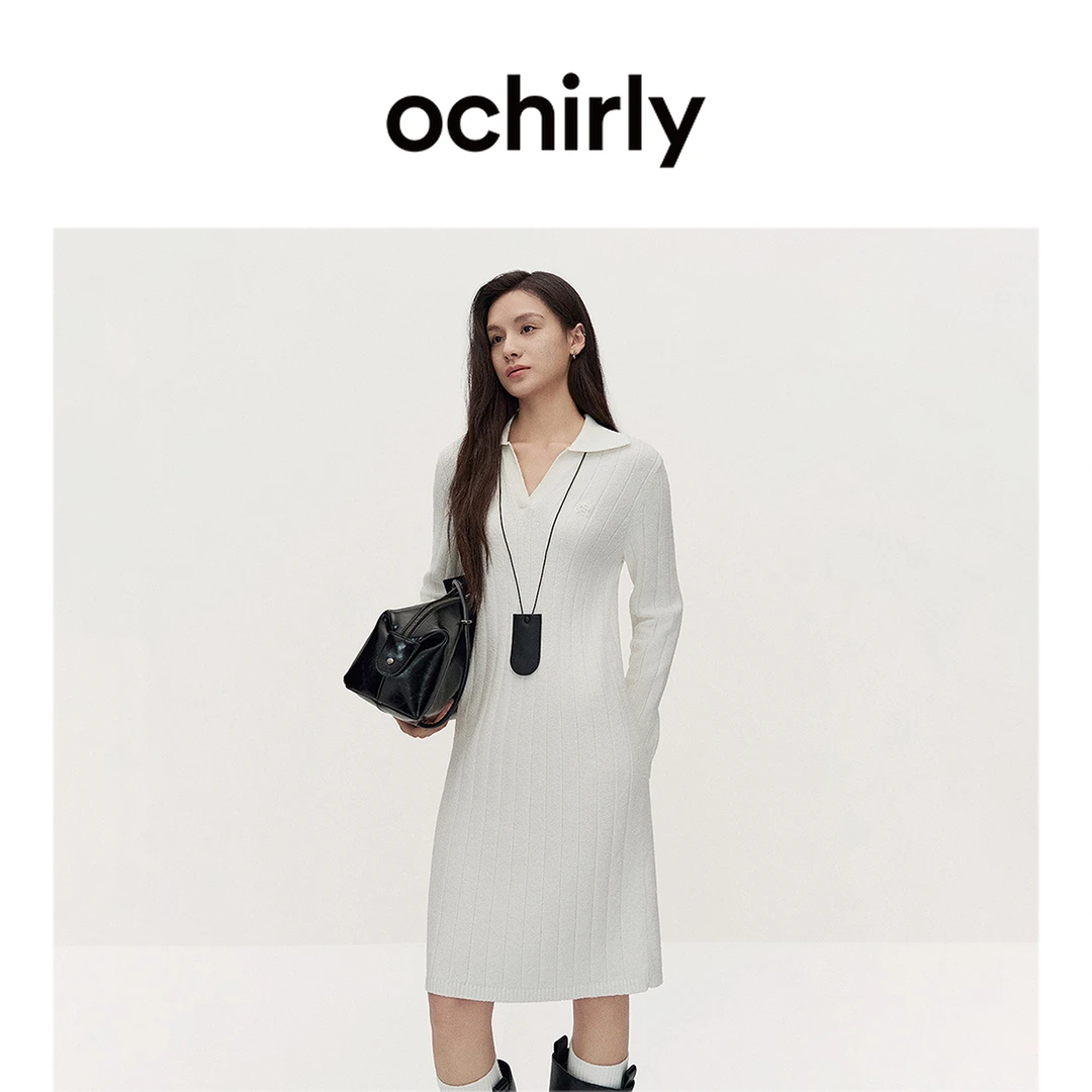 OCHIRLY欧时力 Polo领针织连衣裙中长款美拉蓝气质秋季新品