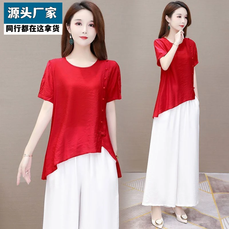 梵乐芬减龄两件套裤女夏季2025今年流行新款时尚休闲宽松小衫阔腿