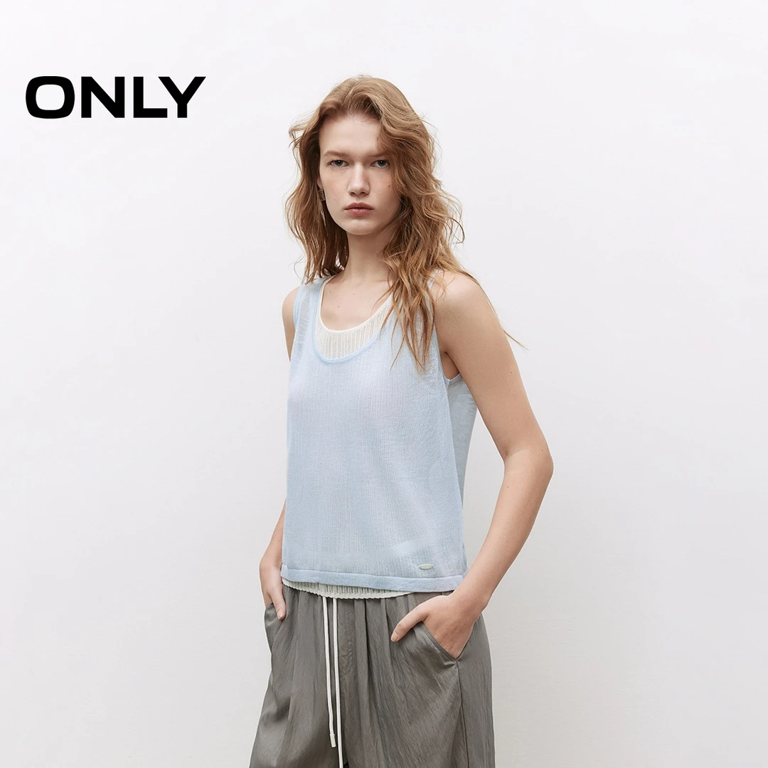 ONLY2025夏季新款轻薄撞色大U领假两件叠穿针织衫女|12523H017