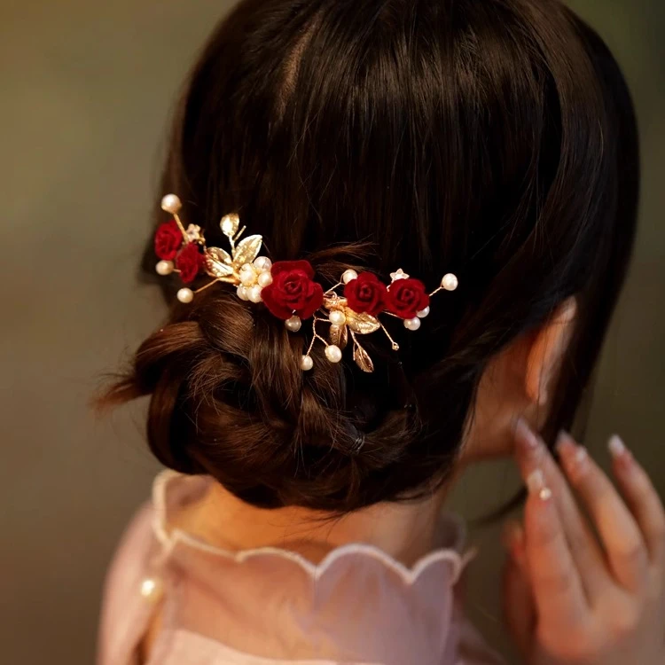 山茶花发夹新娘红花头饰秀禾汉服新中式后脑勺古风旗袍马面裙发饰