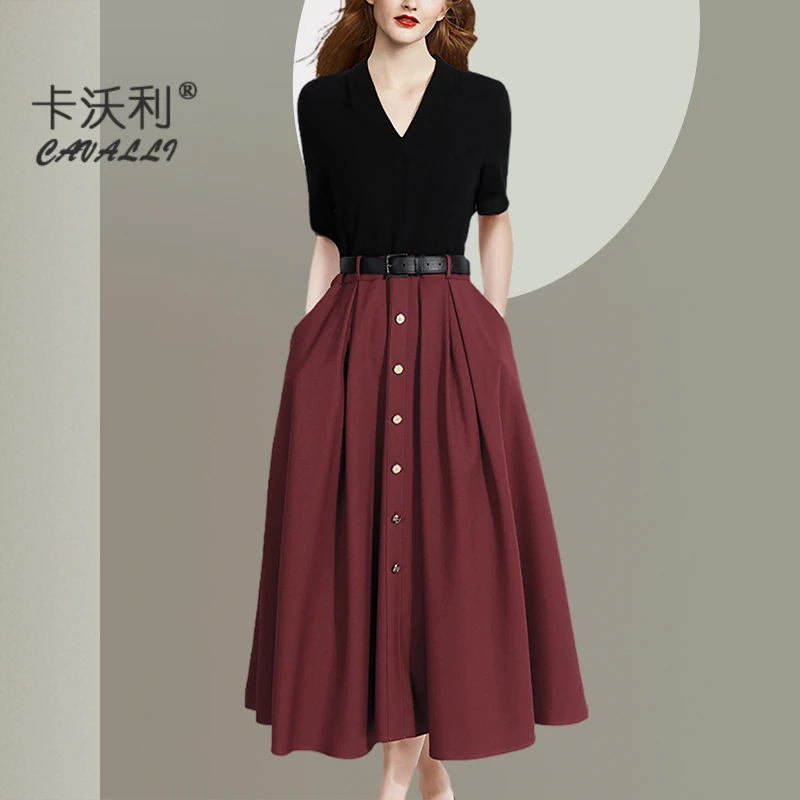 复古优雅黑色衬衫酒红色裙子两件套夏季新款时尚气质收腰通勤套装