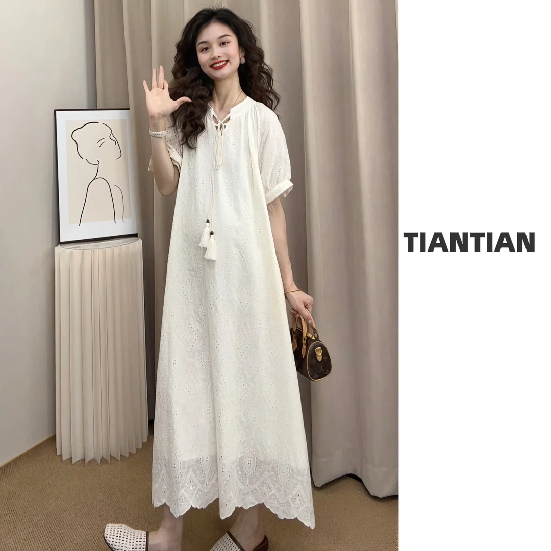 【恬恬】2025夏装韩版棉蕾丝刺绣重工抽绳系带连衣裙#6830