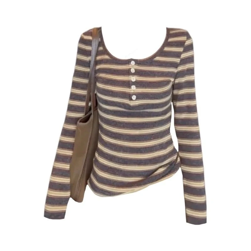 撞色条纹纽扣U领长袖T恤女秋季新款复古修身简约高级显瘦打底上衣