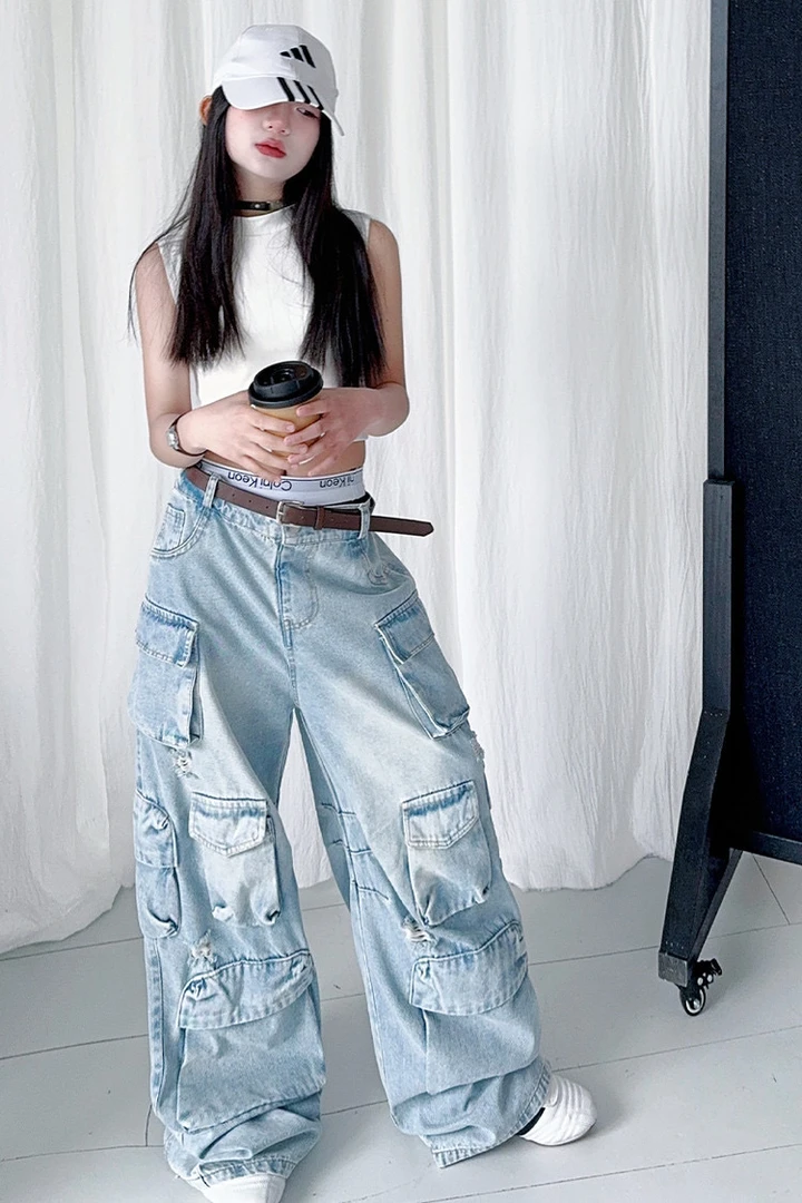 春秋新款童装女童宽松工装重工牛仔裤潮酷中大童嘻哈潮牌街舞裤子