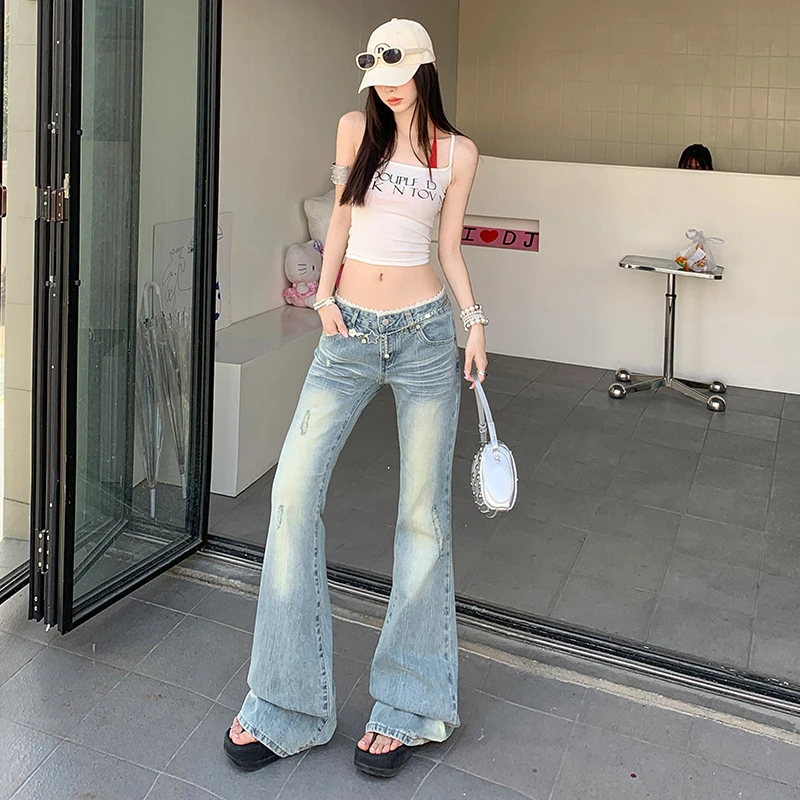 美式辣妹浅蓝微喇牛仔裤女2025年夏季新款低腰宽松显瘦阔腿喇叭裤