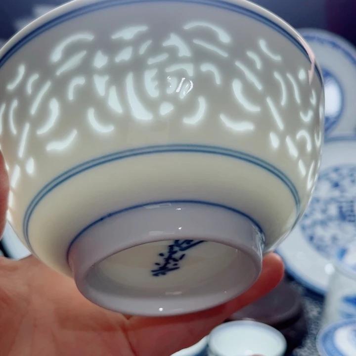 青花玲珑5寸饭碗满雕双福双线