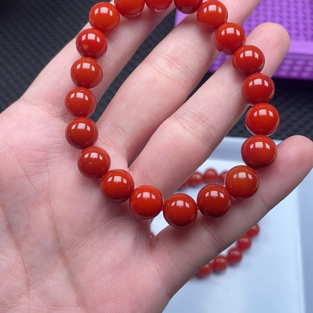 南红玛瑙10mm柿子红圆珠手链整串20颗未镶嵌