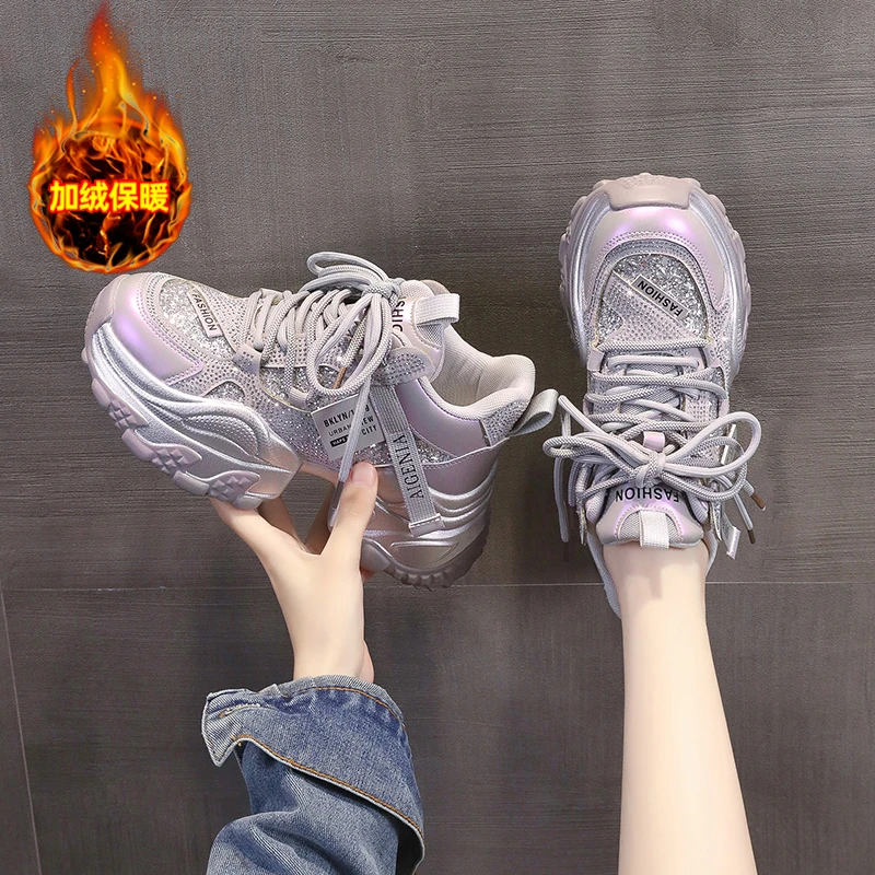 【高帮】 网红时尚亮片女鞋黑色运动鞋2025秋冬加绒百搭新款老爹鞋