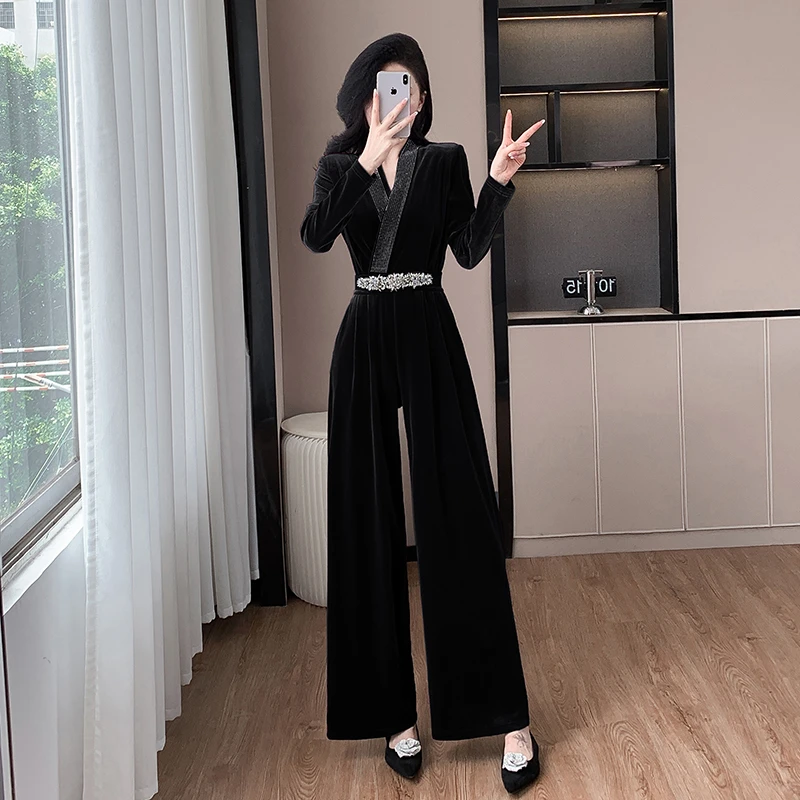 烫钻金丝绒连体裤女套装2025春秋新款时尚气质修身显瘦阔腿连衣裤