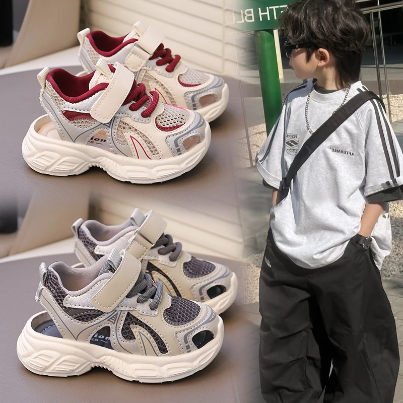 ABC男童运动半凉鞋2025新款夏季女童透气网面儿童鞋子小童时尚鞋