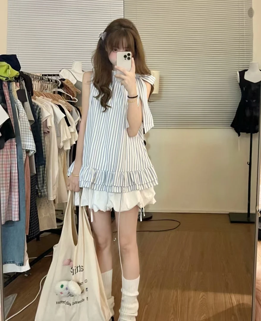 韩系【300-400】法式小飞袖绑带背心女夏季新款设计感别致短袖上衣