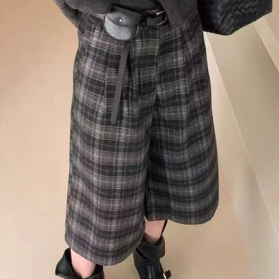 2025秋冬新款复古港风高腰宽松阔腿裤垂感格子撞色休闲七分裤女