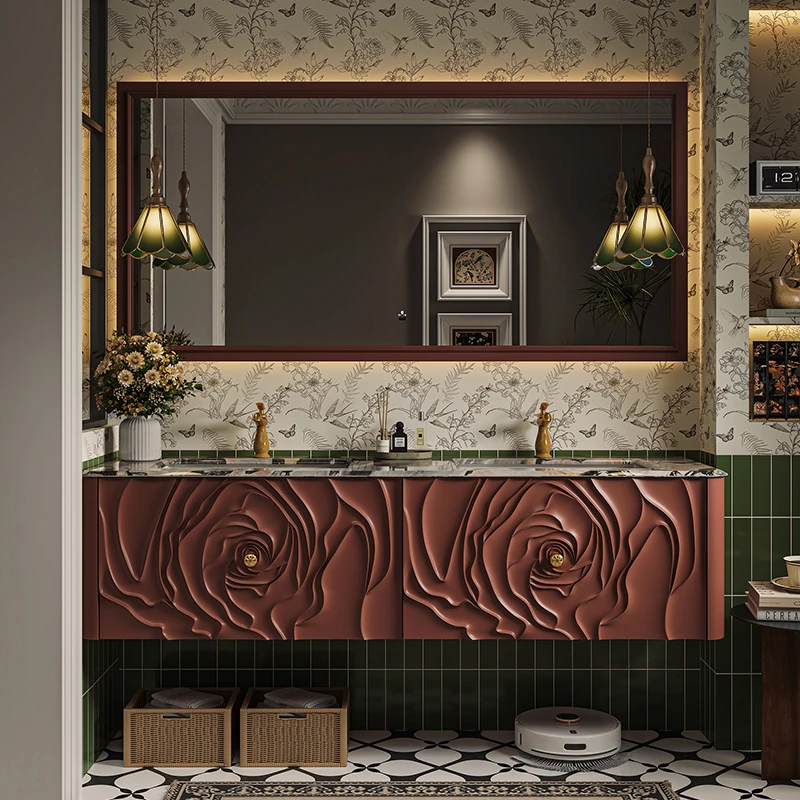 设计师新款法式浪漫浴室柜组合奢石陶瓷一体盆卫生间洗漱台洗手台