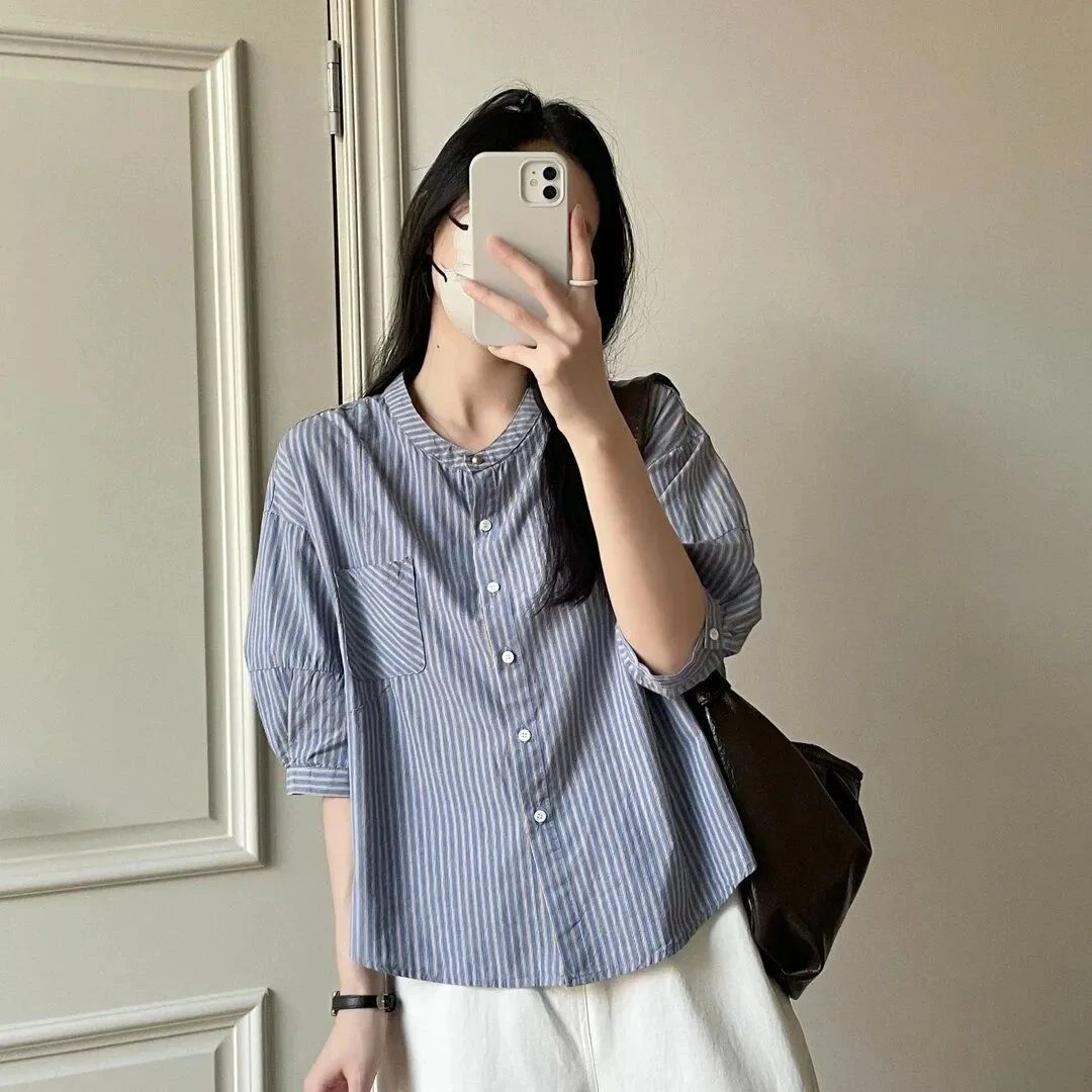 条纹衬衫女2025早秋新款小个子气质薄款中袖龟背显瘦高级感衬衣女