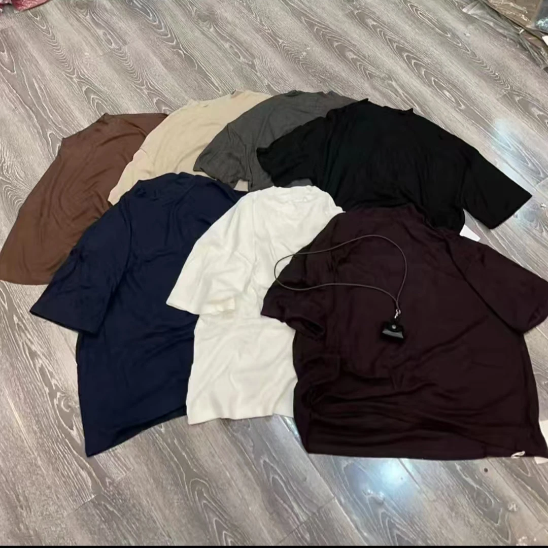 圆领宽松大版型螺纹纯色中袖五分袖T恤时尚