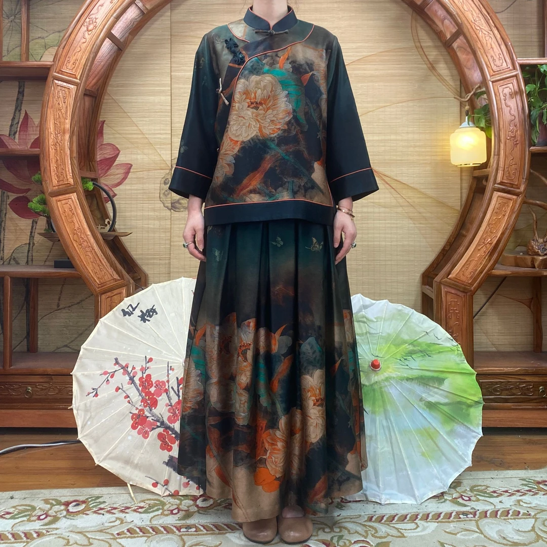 70姆米100桑蚕丝渐变蝶恋牡丹套装新中式