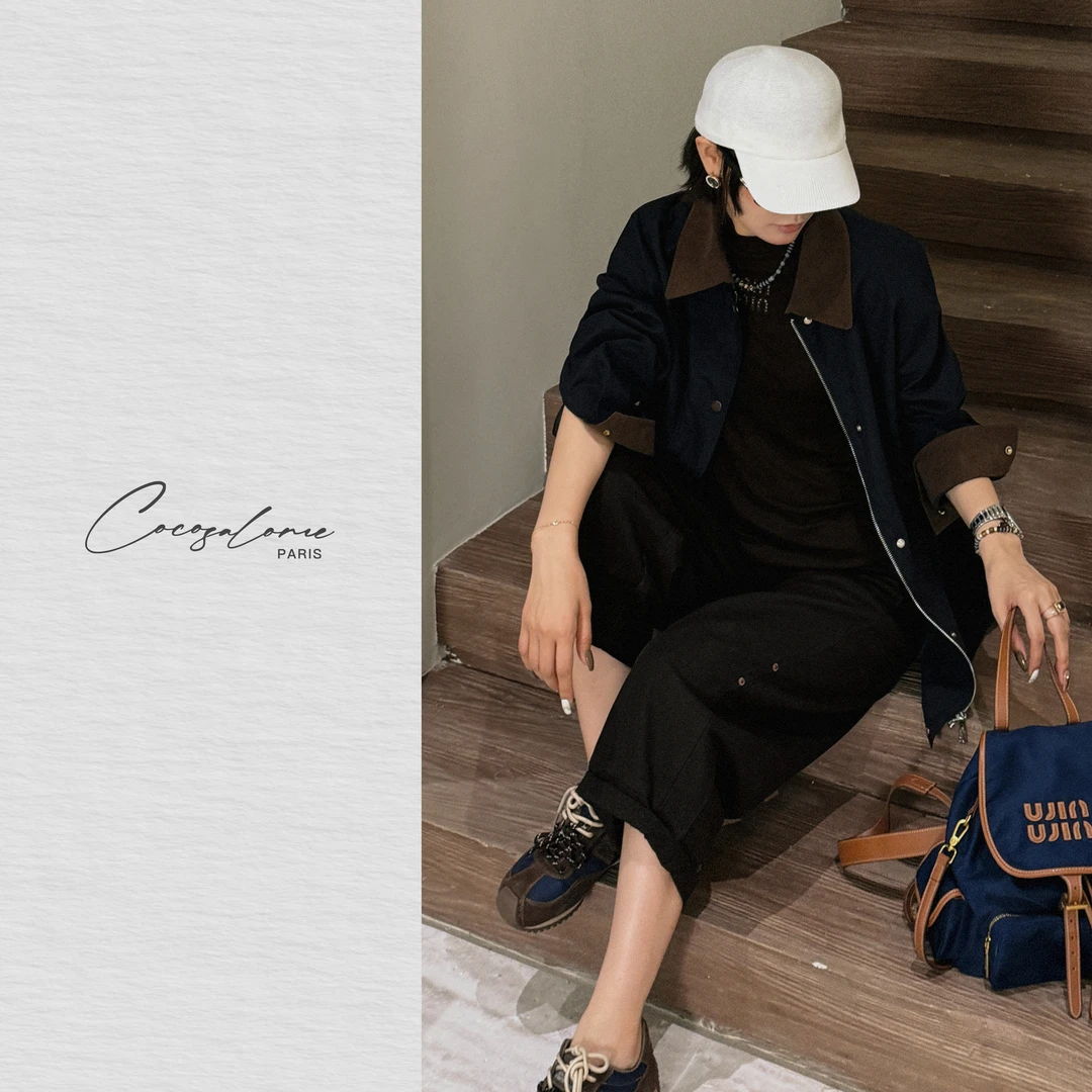 韩彬彬"探险家"星空蓝撞色灯芯绒领袖拼接设计百搭风衣外套2324-1