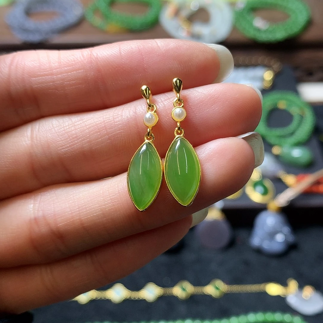 和田玉耳饰银S925镶嵌