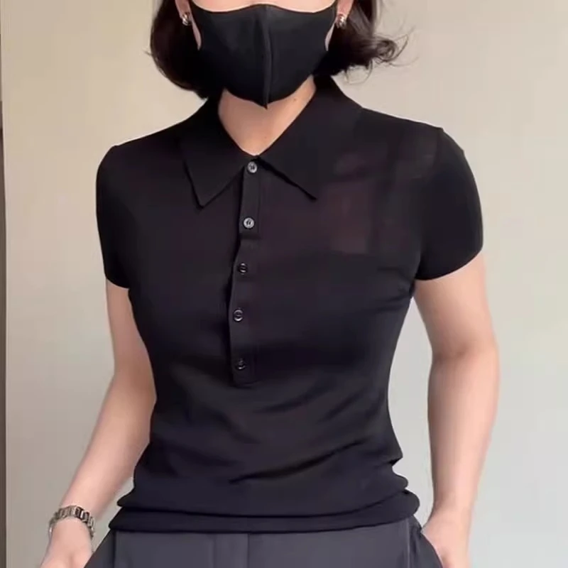 黑色polo领短袖女2025夏季新款简约风高级感气质正肩修身显瘦上衣