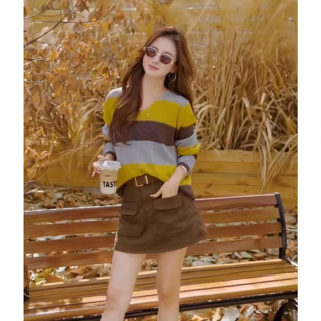 2025高级感复古撞色条纹V领长袖针织衫女➕老前学生小马开衫显瘦