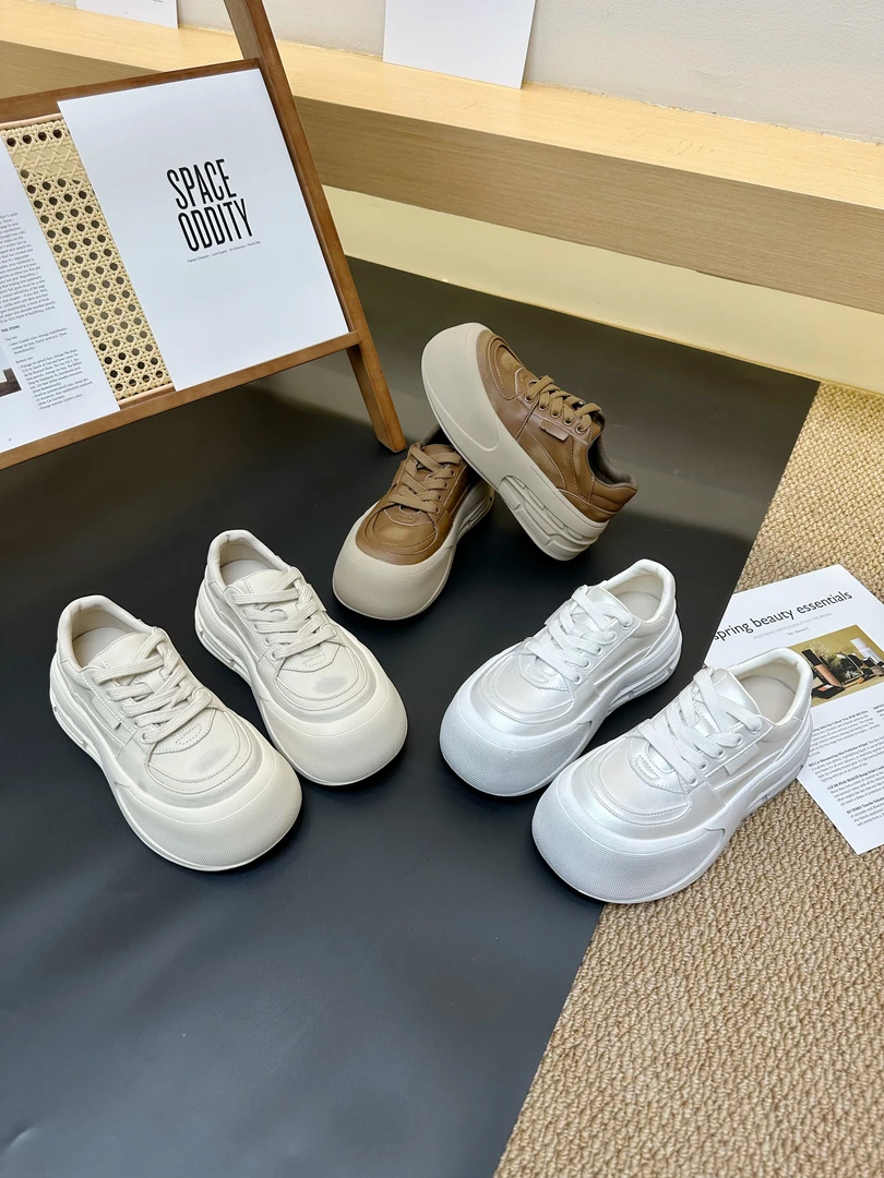 增高5cm系带擦色皮松糕底法式秋季松糕鞋百搭白鞋松糕网面 168-1