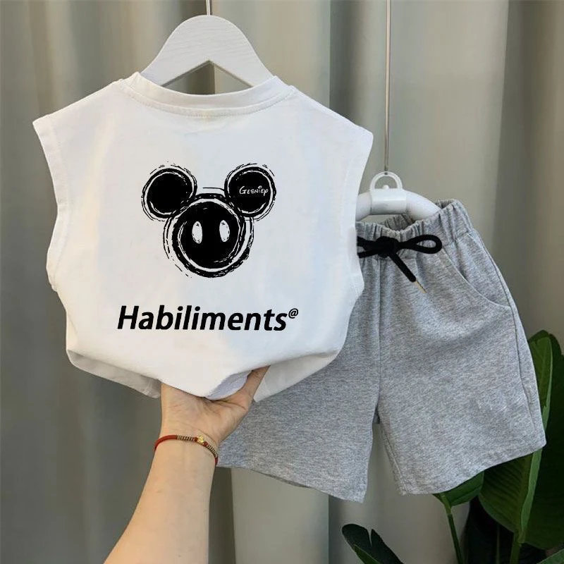 100%儿童套装男女童夏季米奇衣服新款宝宝背心卡通无袖上衣短裤潮