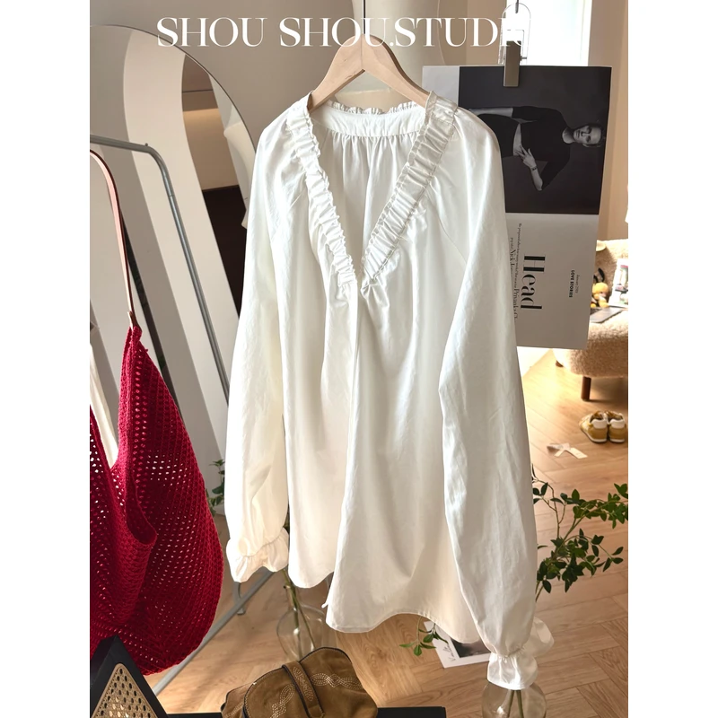 【瘦瘦】大码秋季V领莱赛尔棉掐褶领边花苞袖百搭休闲衬衫S01886