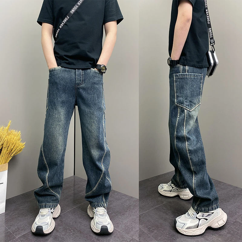 裤子男春秋季原创个性拼接直筒裤青年韩版帅气水洗牛仔裤阔腿裤子