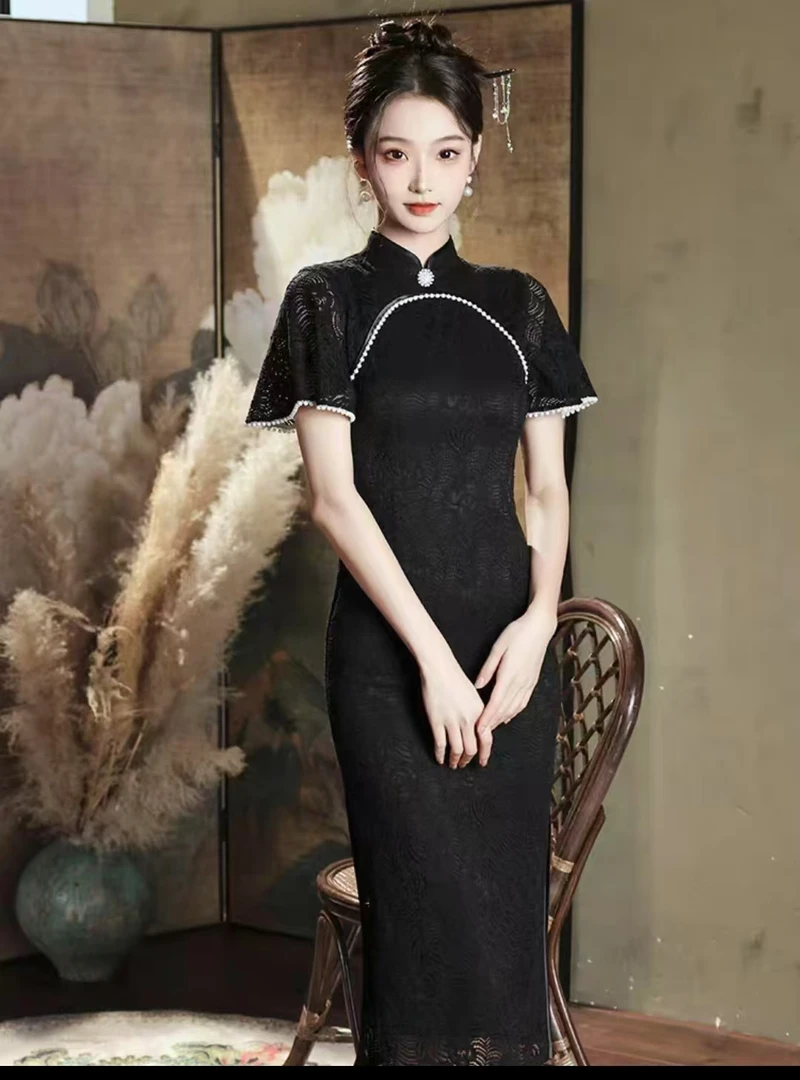 旗袍黑色长裙气质时尚双襟国风新中式名媛风复古显瘦