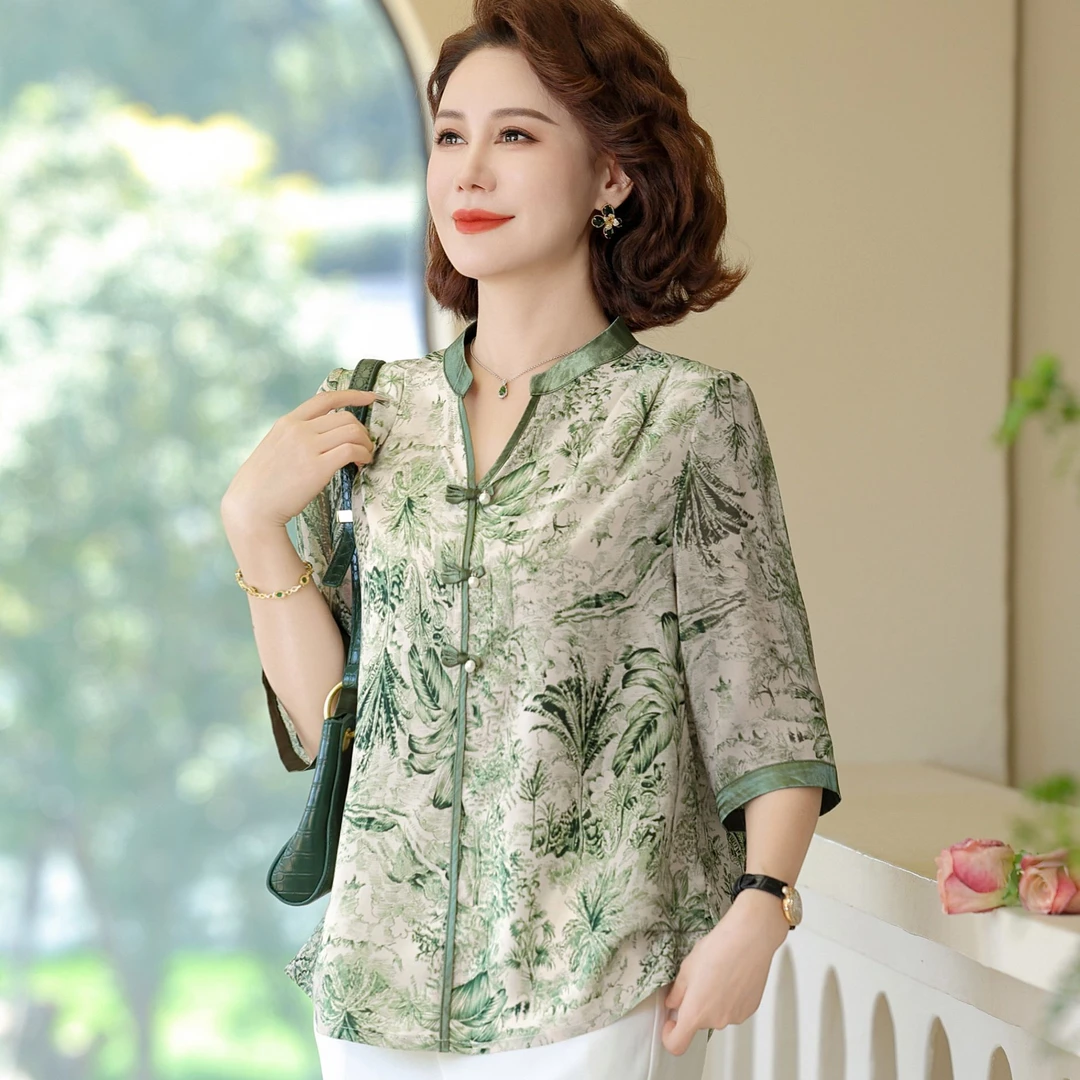 母亲节妈妈装夏装T恤七分袖洋气上衣中老年人女衣服薄款气质小衫