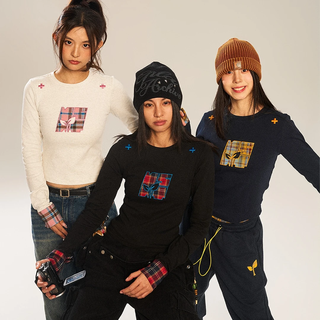 NSTNEW START发芽计划格子贴布潮牌百搭时尚修身显瘦套头长袖女