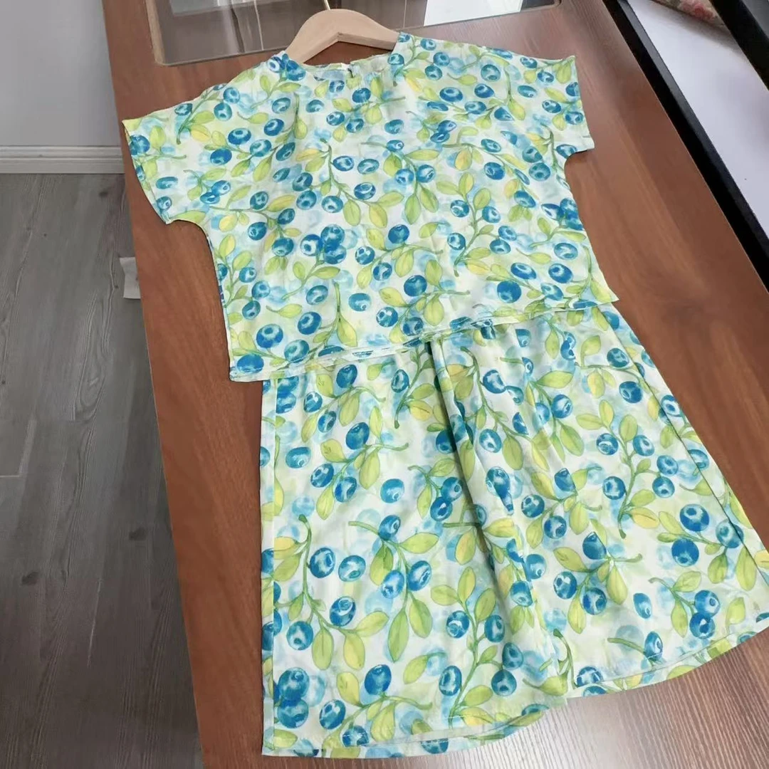 新蓝莓 短裤棉绸潮童过膝七分短裤裤套装女童家居服外穿套装